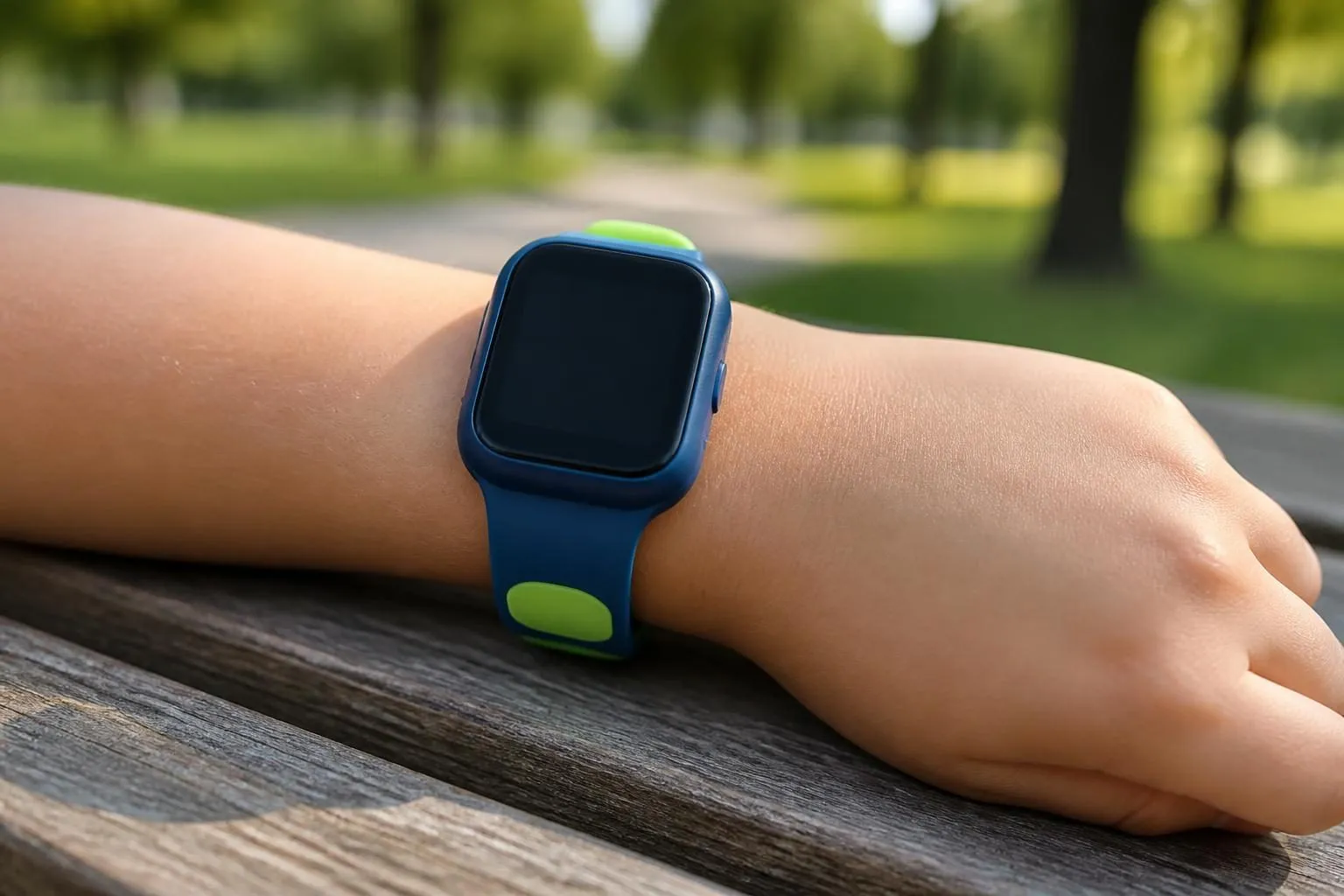 Kinderarm auf einer Holzbank, am Handgelenk eine blaue Smartwatch mit grünem Silikonarmband