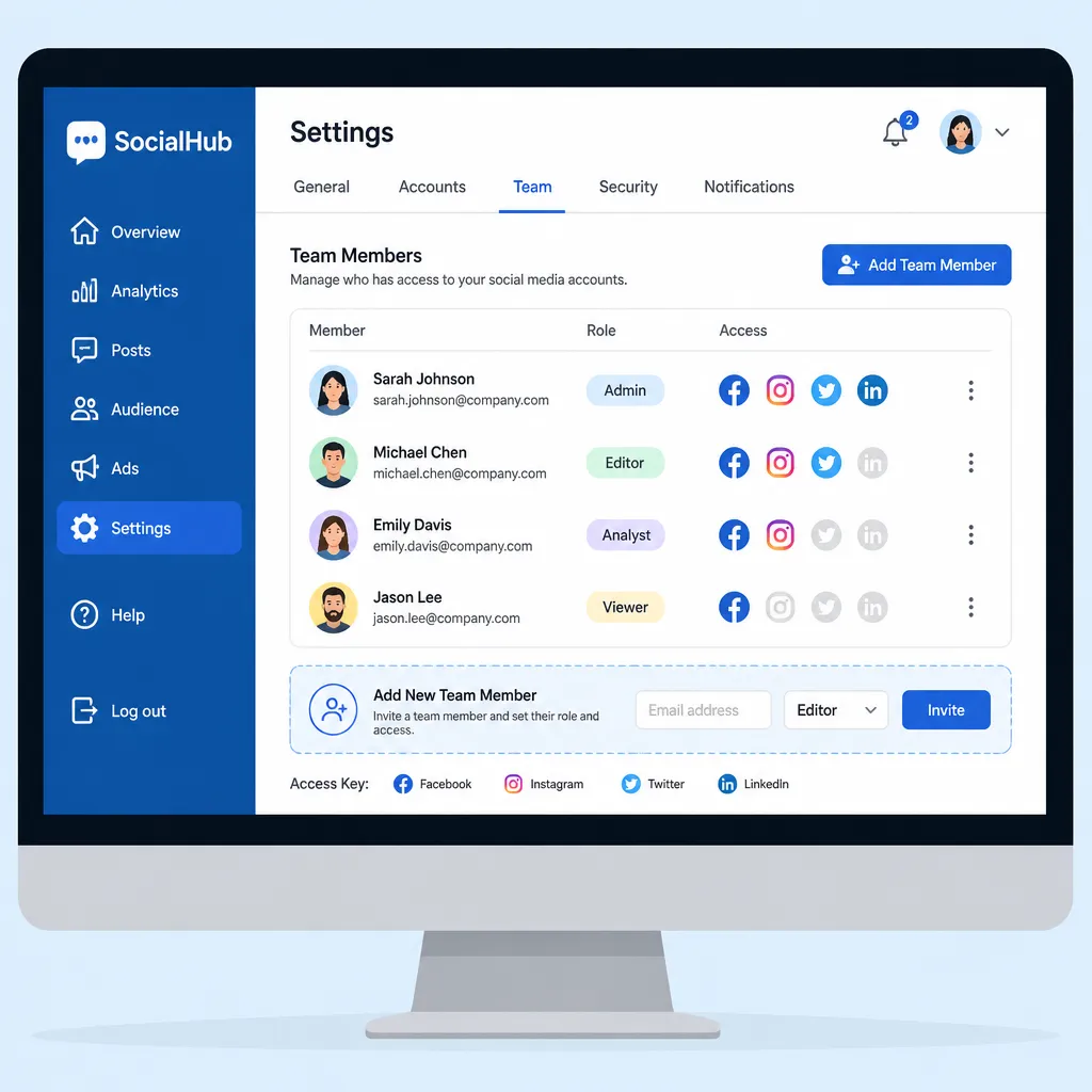 Illustration einer Facebook Seiteneinstellung mit Icons für Nutzerverwaltung und Zugriffsrechte