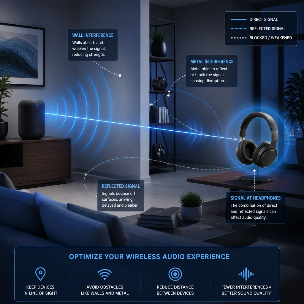 Illustration von Bluetooth-Signalwellen zwischen Geräten mit Störquellen im Raum